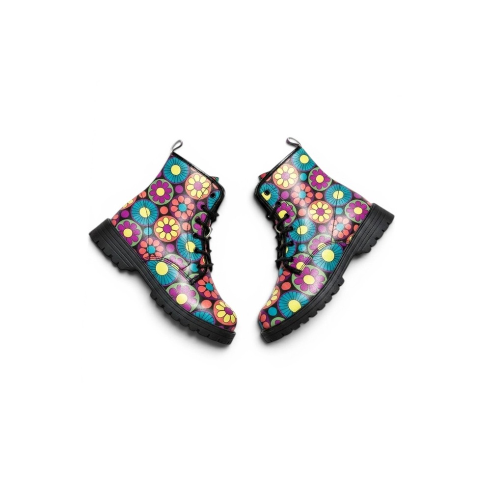 Women's Colorful Daisy Flower Print Combat Boots Lace-up Festival Groovy Fairy